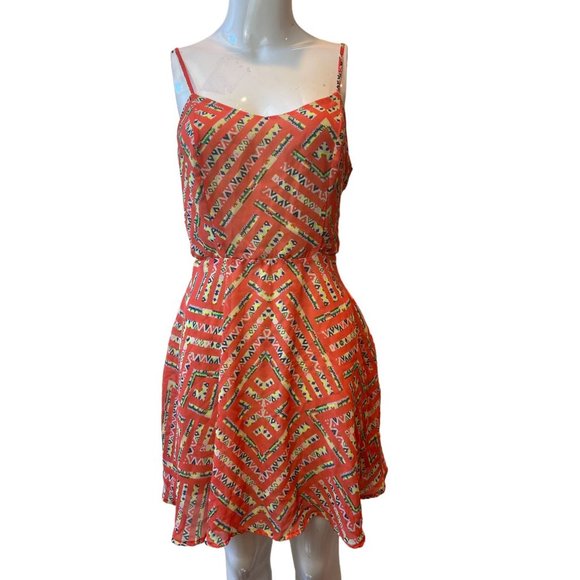 Fire Los Angeles Women Fit & Flare Dress FDW004804 Caged Back Geometric Orange M - Picture 2 of 9